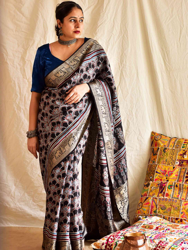 Mehram - Ajrakh Dola Silk zari border Saree