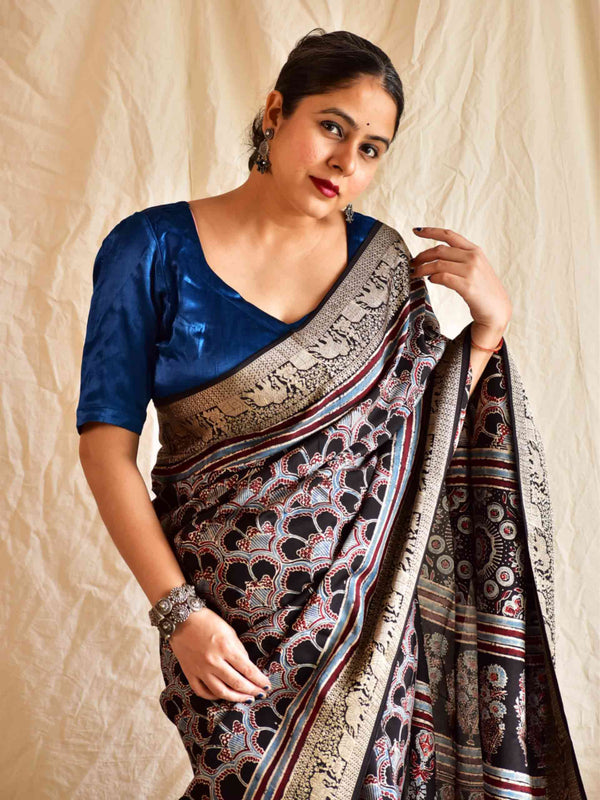 Mehram - Ajrakh Dola Silk zari border Saree