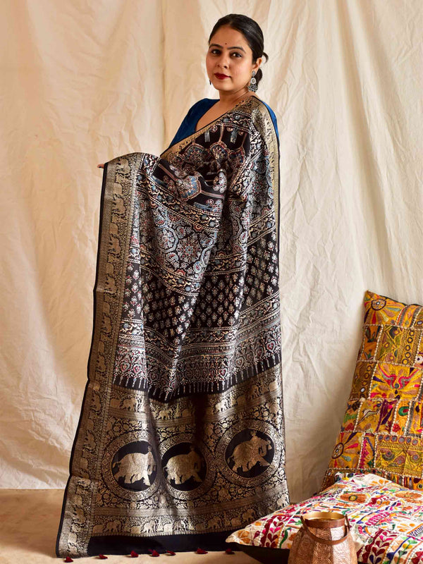 Neer - Ajrakh Dola Silk zari border Saree