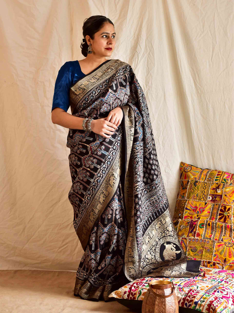 Neer - Ajrakh Dola Silk zari border Saree