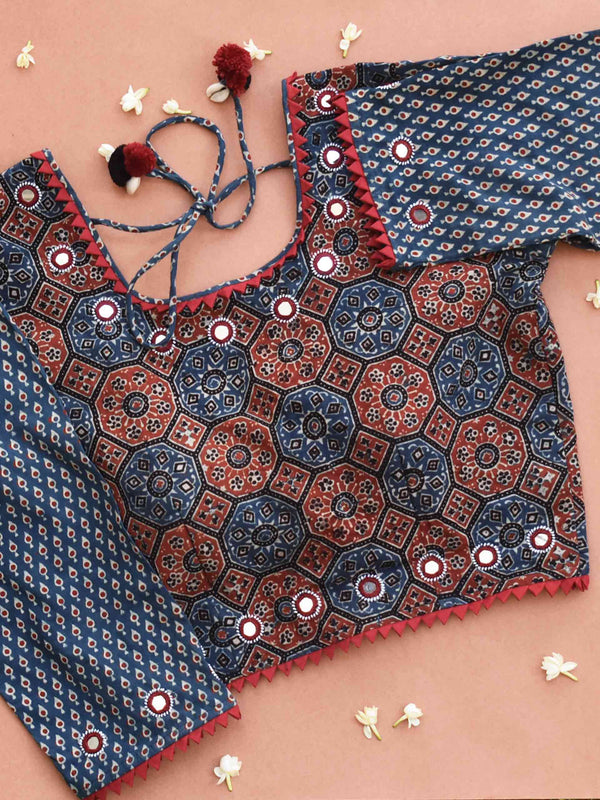 Buy Blue Ajrakh hand block printed Kutch mirror work blouse