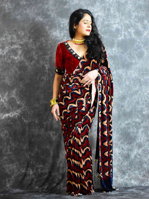 Ajrakh Silk Velvet Saree