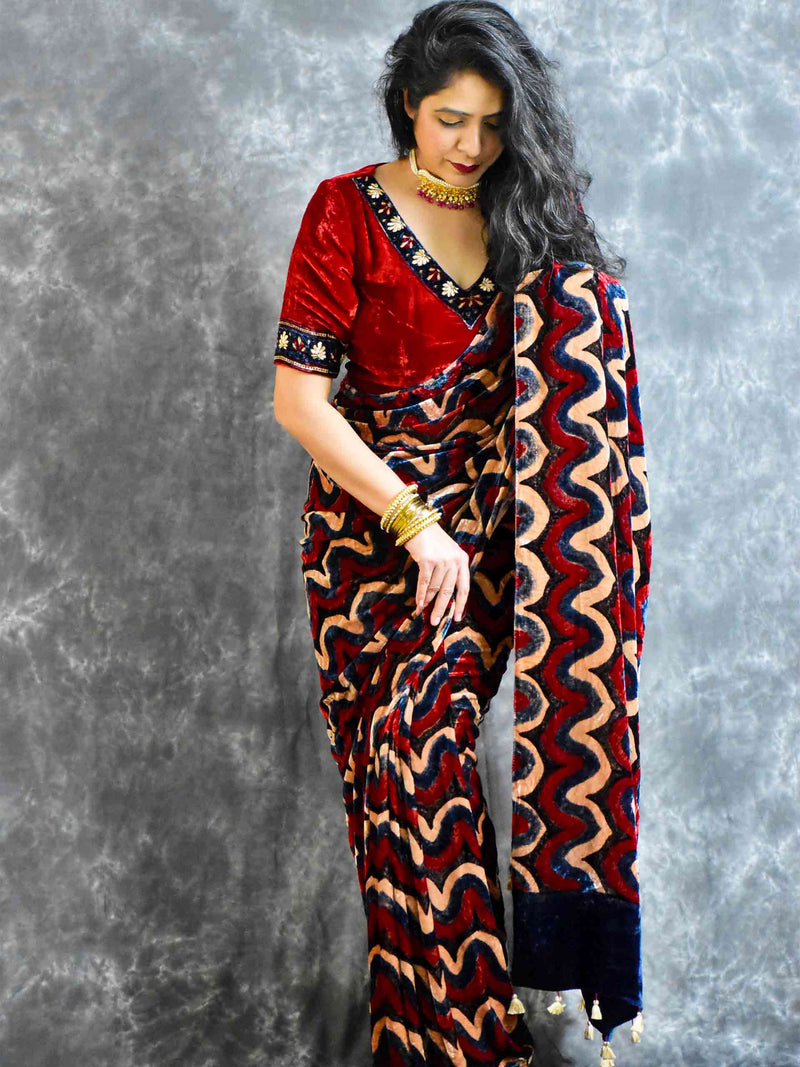 Ajrakh Silk Velvet Saree