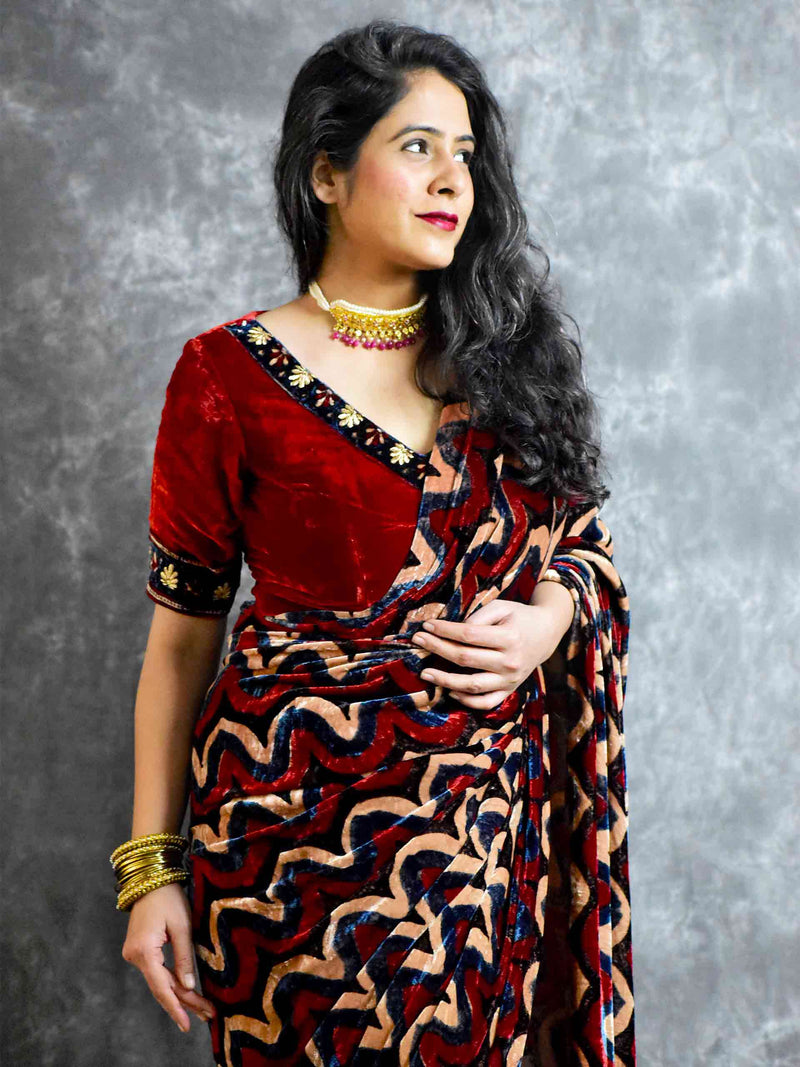 Ajrakh Silk Velvet Saree