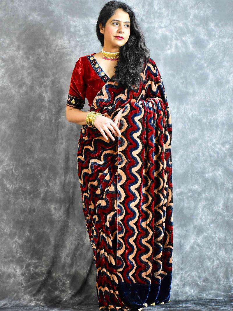 Ajrakh Silk Velvet Saree