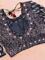 Ajrakh kutch mirror work black designer blouse back design