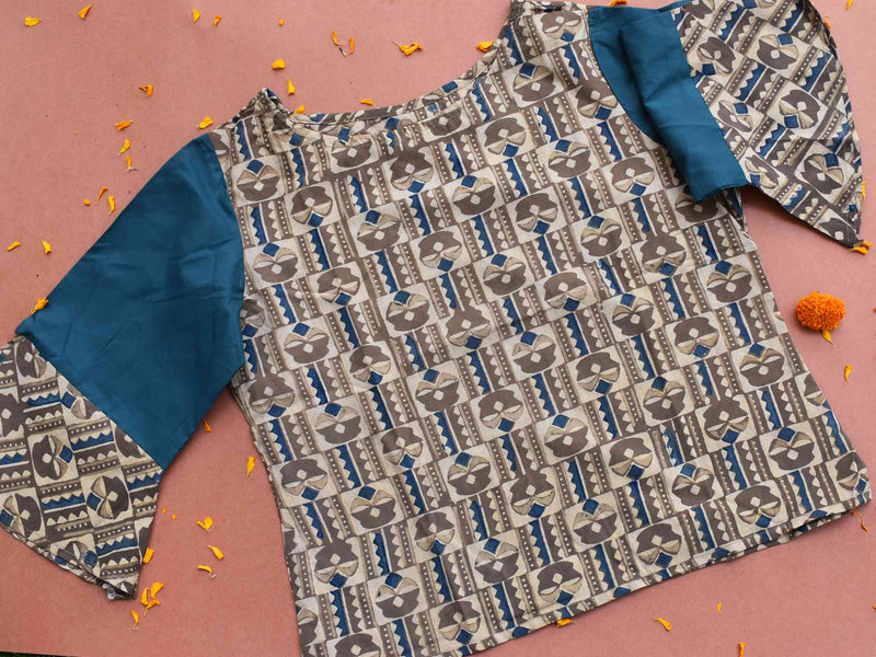 Buy Beige-Teal Green Ajrakh hand block printed cotton crop top blouses online