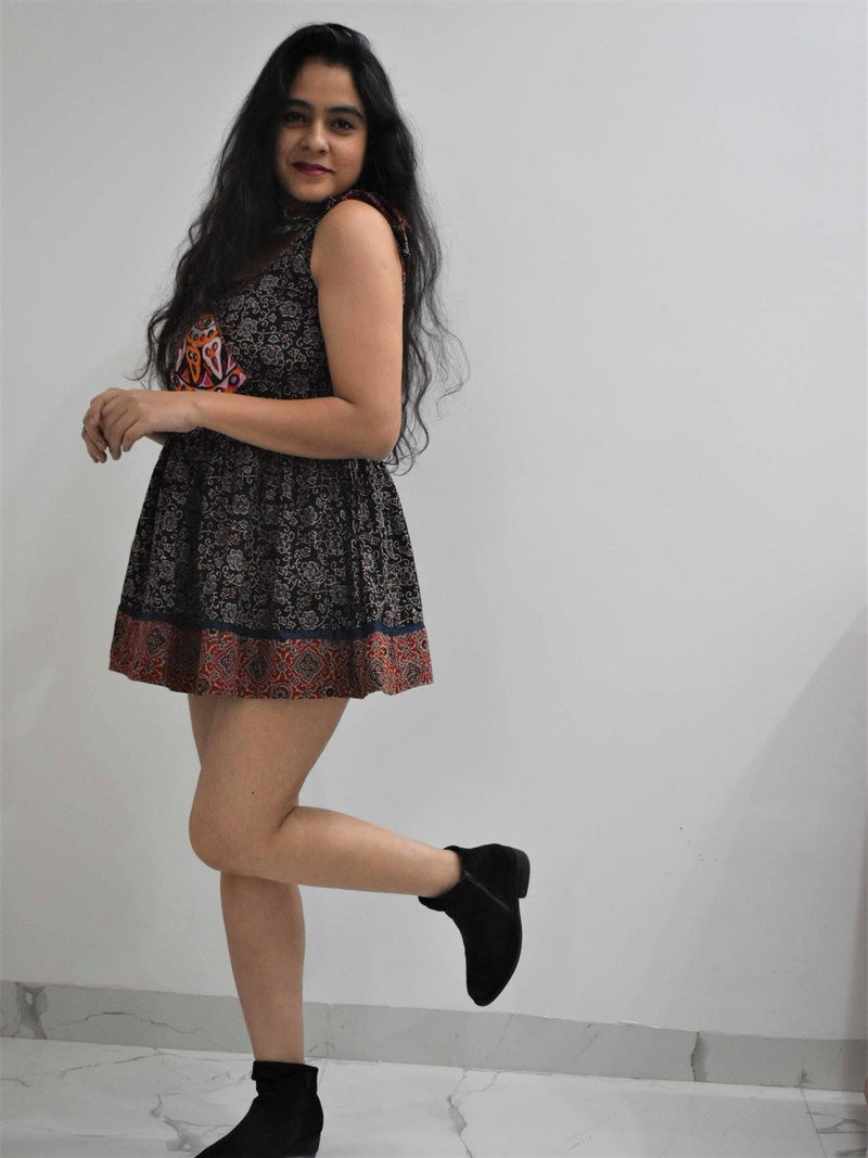 Ajrakh kutch mirror work short dress dance