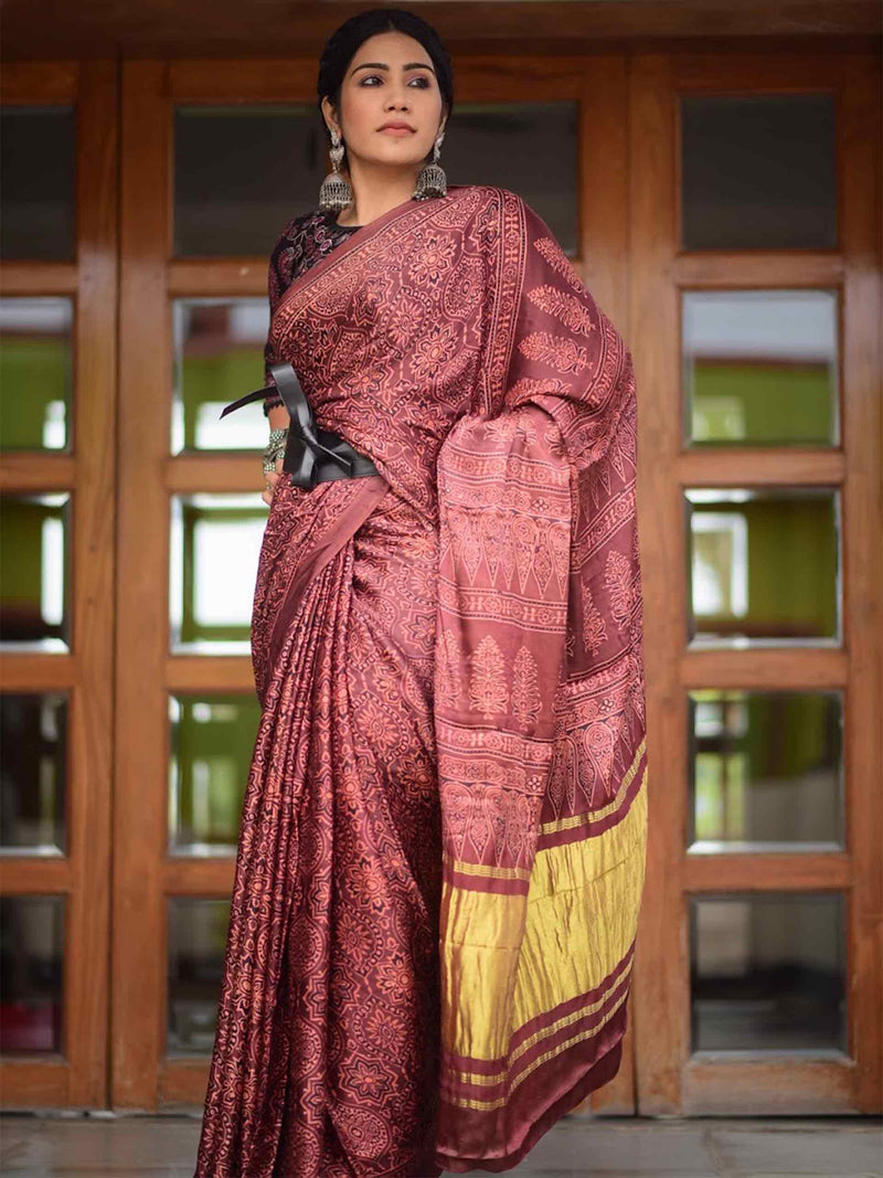 Ajrakh modal silk fashionable saree draping
