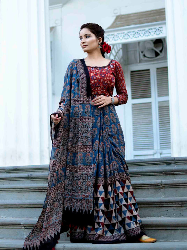 Buy Ajrakh Mulmul cotton saree Online