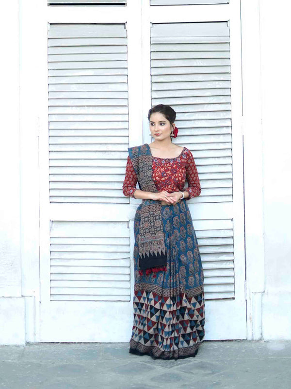 Buy Ajrakh Mulmul cotton saree Online