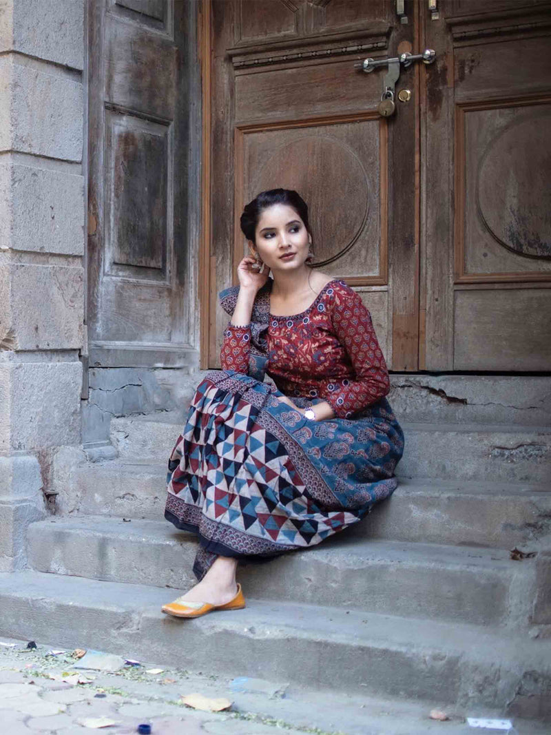 Buy Ajrakh Mulmul cotton saree Online
