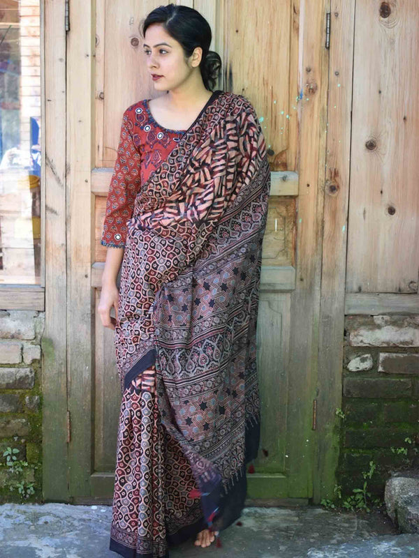 Ajrakh hand block printed mul cotton saree