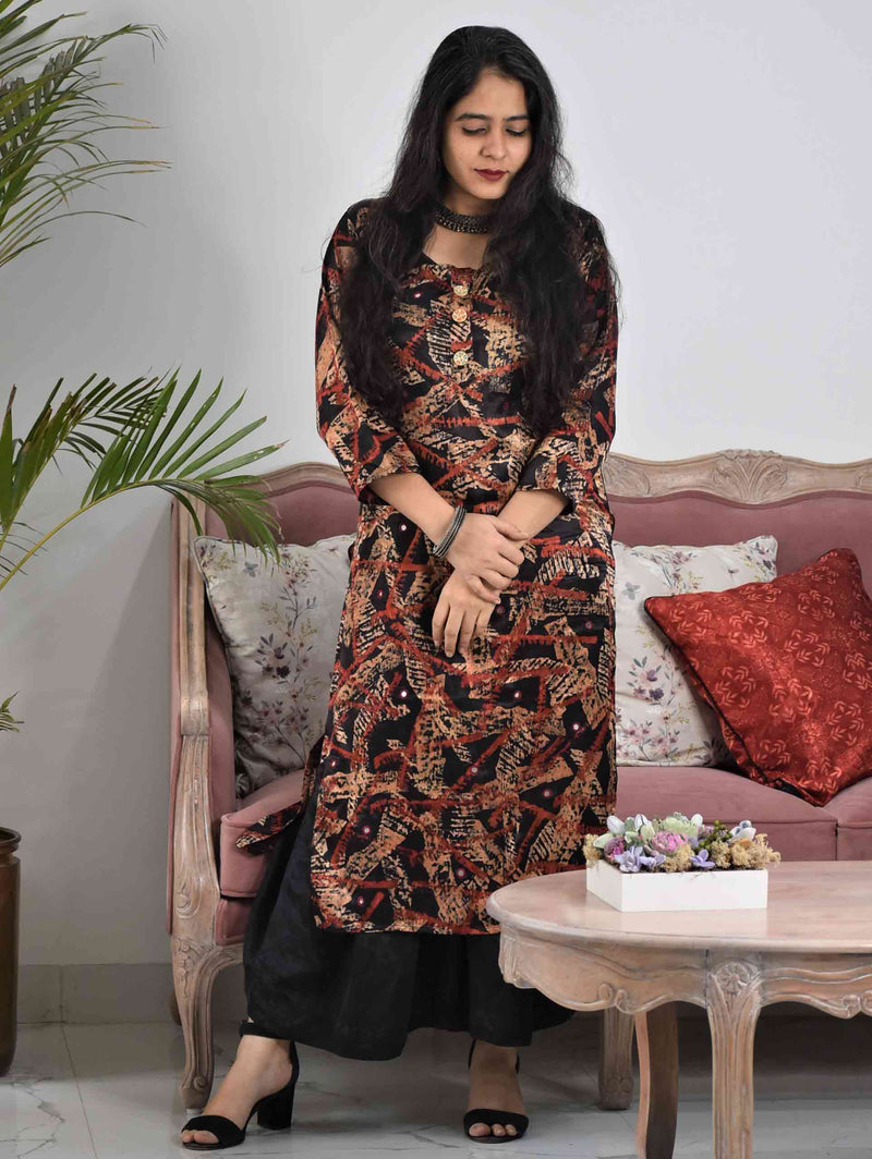 Black Abstract Ajrakh Mashru Silk Kurti Dress