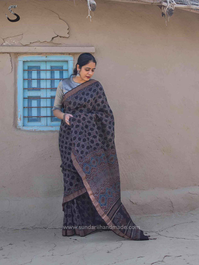 Ajrakh Linen Silk Zari Saree