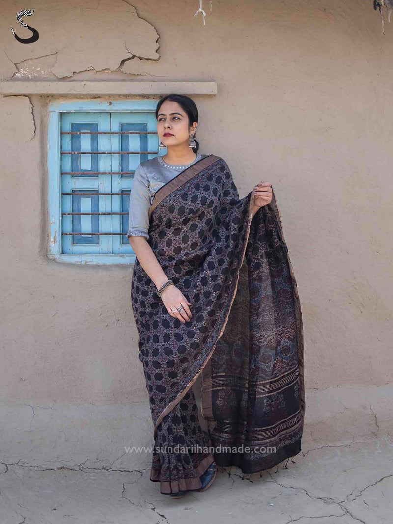 Ajrakh Linen Silk Zari Saree