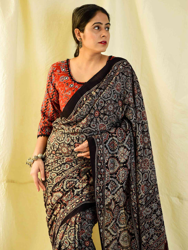 Saanjh -  Ajrakh hand block printed mul cotton saree