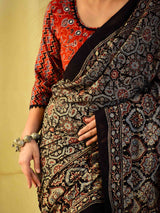 Saanjh -  Ajrakh hand block printed mul cotton saree