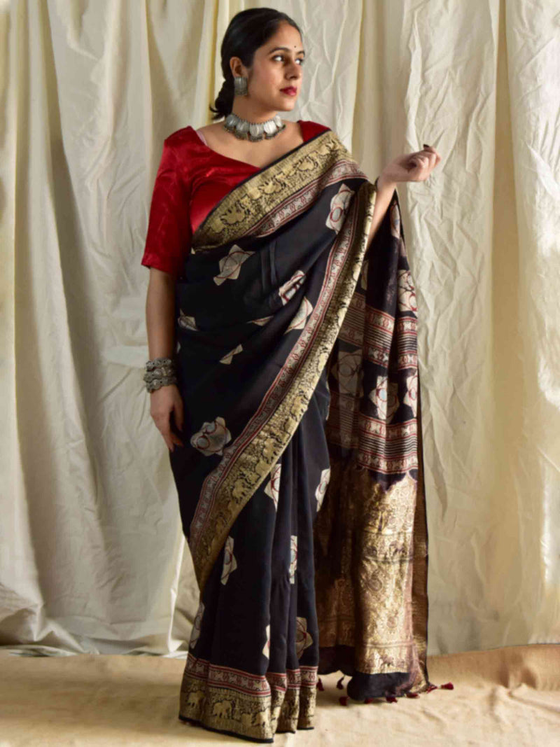 Misri - Ajrakh hand block printed Dola Silk zari border Saree