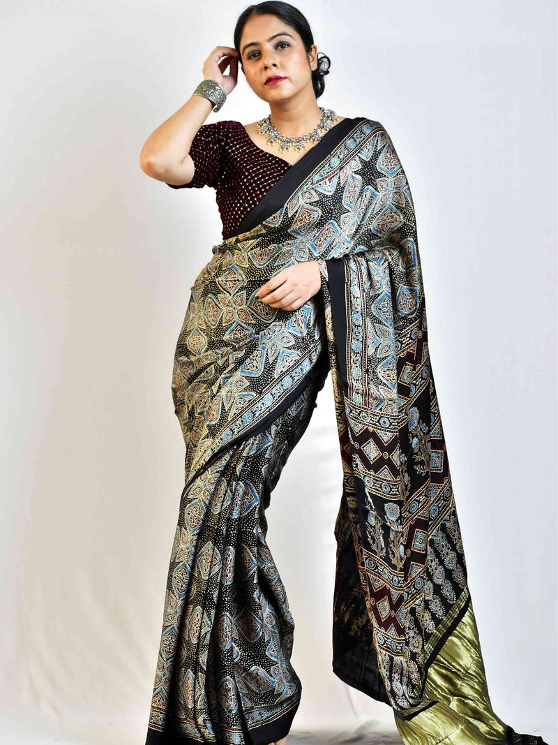 Starry night - Ajrakh hand block printed Modal Silk Saree with zari pallu