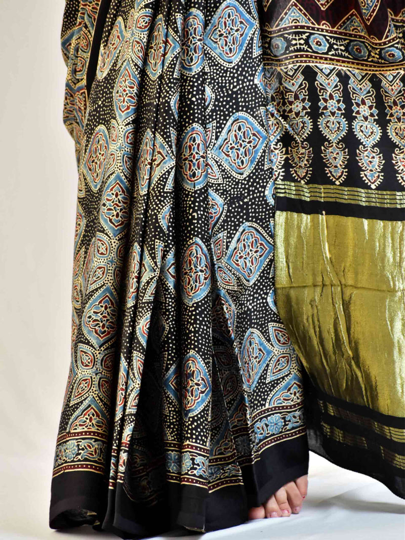 Starry night - Ajrakh hand block printed Modal Silk Saree with zari pallu