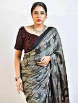 Starry night - Ajrakh hand block printed Modal Silk Saree with zari pallu