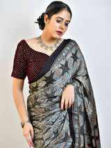 Starry night - Ajrakh hand block printed Modal Silk Saree with zari pallu
