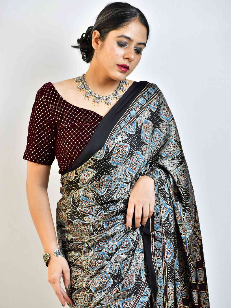 Starry night - Ajrakh hand block printed Modal Silk Saree with zari pallu
