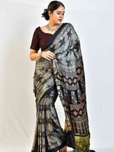 Starry night - Ajrakh hand block printed Modal Silk Saree with zari pallu