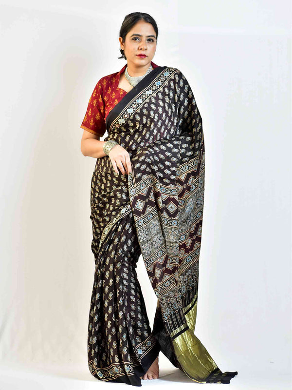 Firefly  - Ajrakh hand block printed Modal Silk Saree with zari pallu