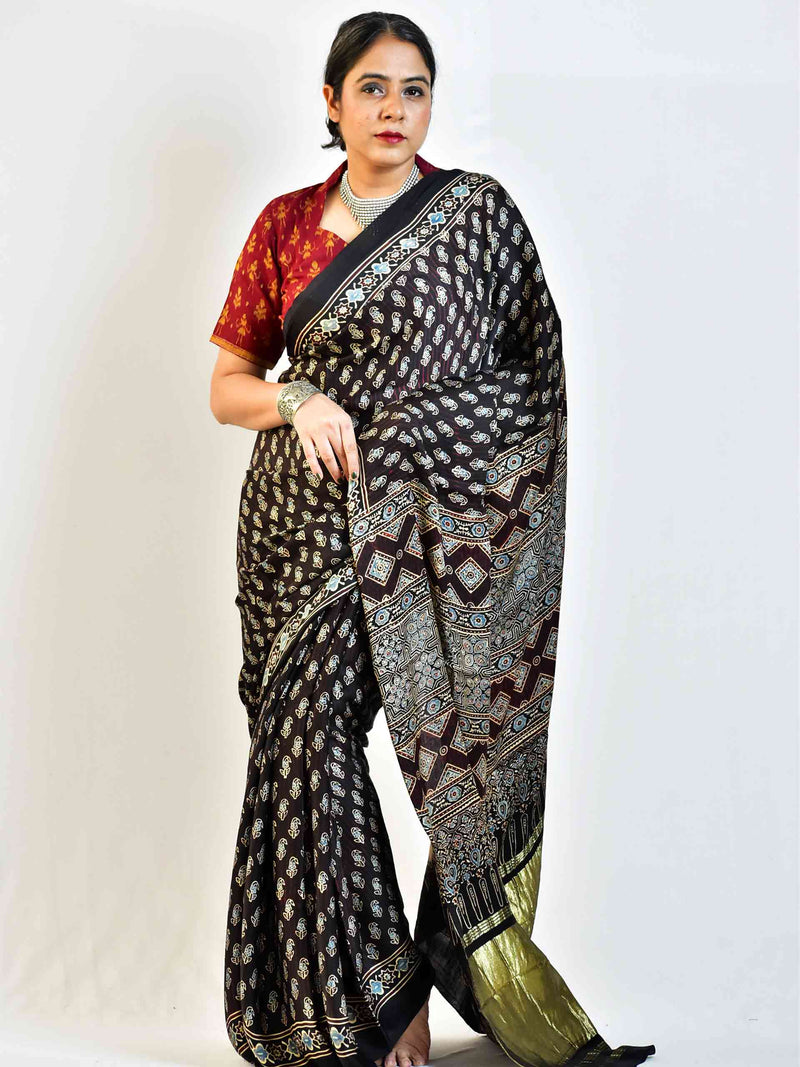 Firefly  - Ajrakh hand block printed Modal Silk Saree with zari pallu