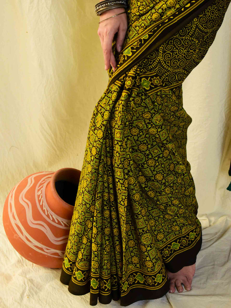 koshish -  Ajrakh hand block printed mul cotton saree