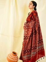 Raatein -  Ajrakh hand block printed mul cotton saree