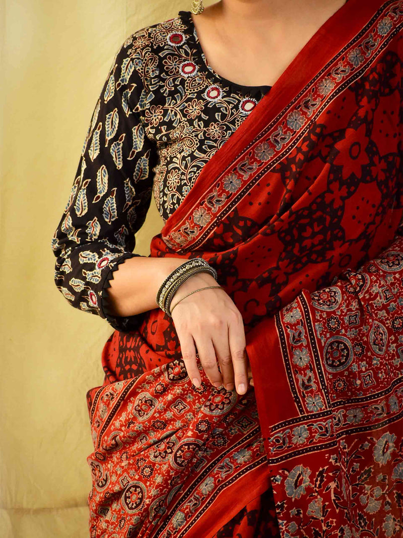 Raatein -  Ajrakh hand block printed mul cotton saree