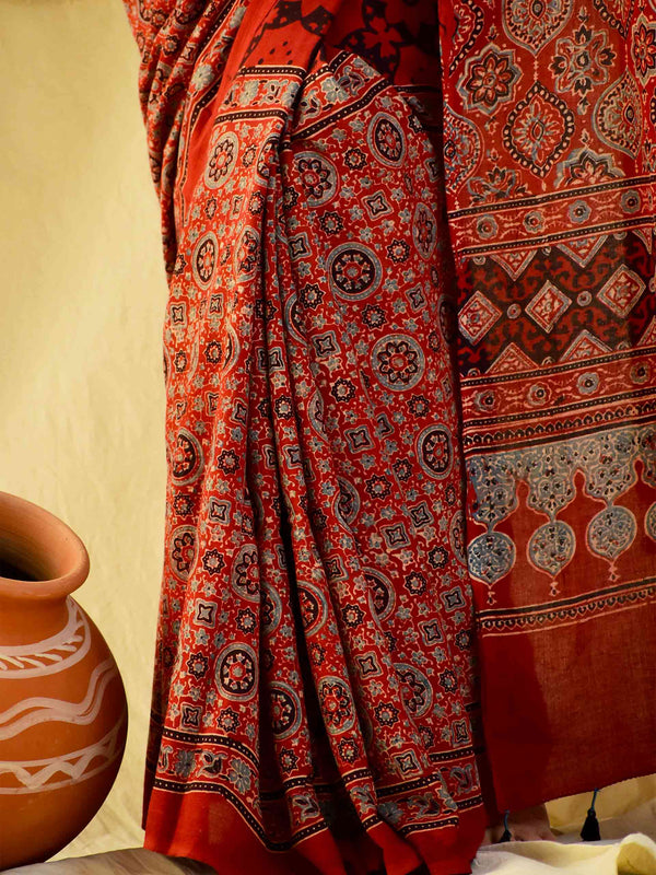 Raatein -  Ajrakh hand block printed mul cotton saree