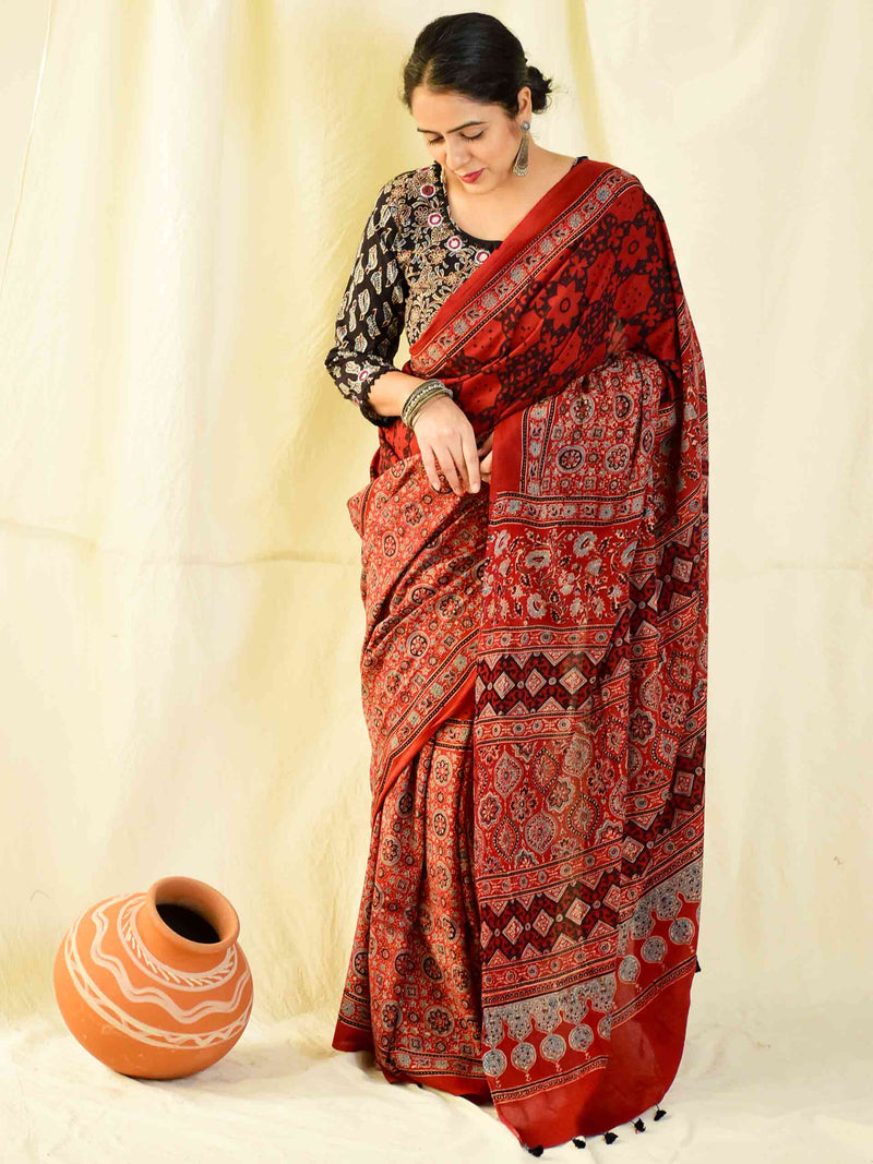 Raatein -  Ajrakh hand block printed mul cotton saree