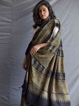 Megalodon - Ajrakh hand block printed Modal Silk Saree
