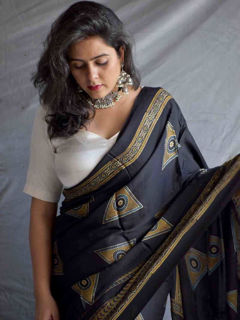 Megalodon - Ajrakh hand block printed Modal Silk Saree