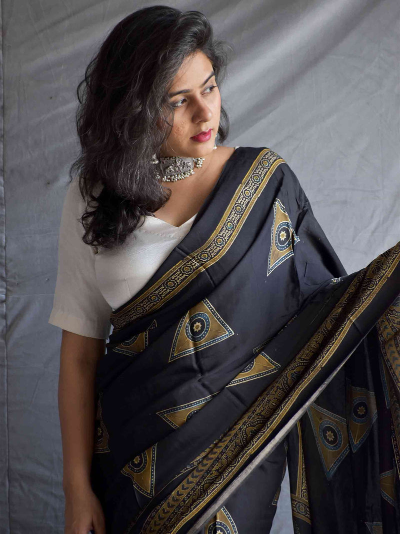 Megalodon - Ajrakh hand block printed Modal Silk Saree