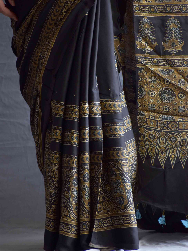 Megalodon - Ajrakh hand block printed Modal Silk Saree