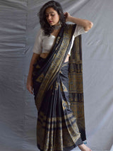 Megalodon - Ajrakh hand block printed Modal Silk Saree