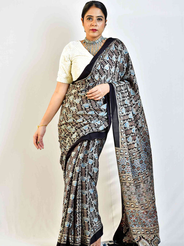 Tulips  - Ajrakh hand block printed Modal Silk Saree