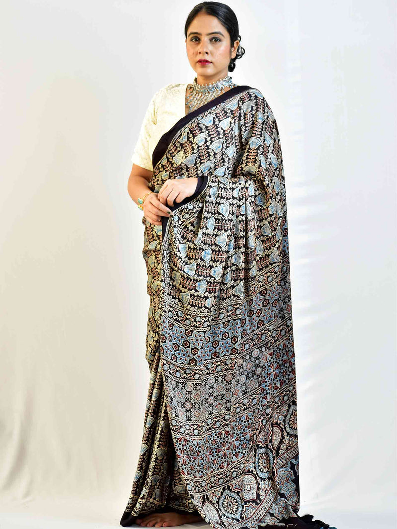 Tulips  - Ajrakh hand block printed Modal Silk Saree