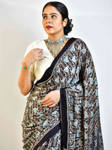 Tulips  - Ajrakh hand block printed Modal Silk Saree