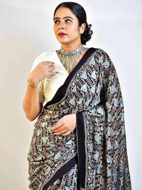 Tulips  - Ajrakh hand block printed Modal Silk Saree