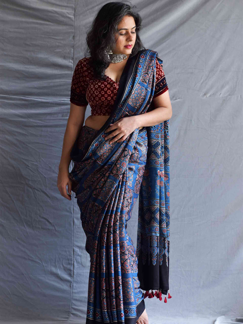 Murtle - Ajrakh hand block printed Modal Silk Saree