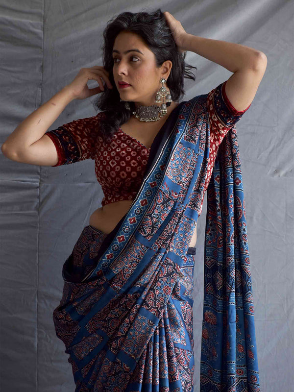 Murtle - Ajrakh hand block printed Modal Silk Saree