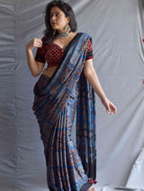 Murtle - Ajrakh hand block printed Modal Silk Saree