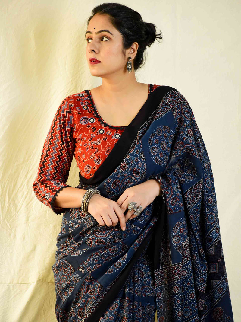 Awaaz -  Ajrakh hand block printed mul cotton saree