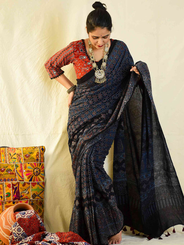 Awaaz -  Ajrakh hand block printed mul cotton saree